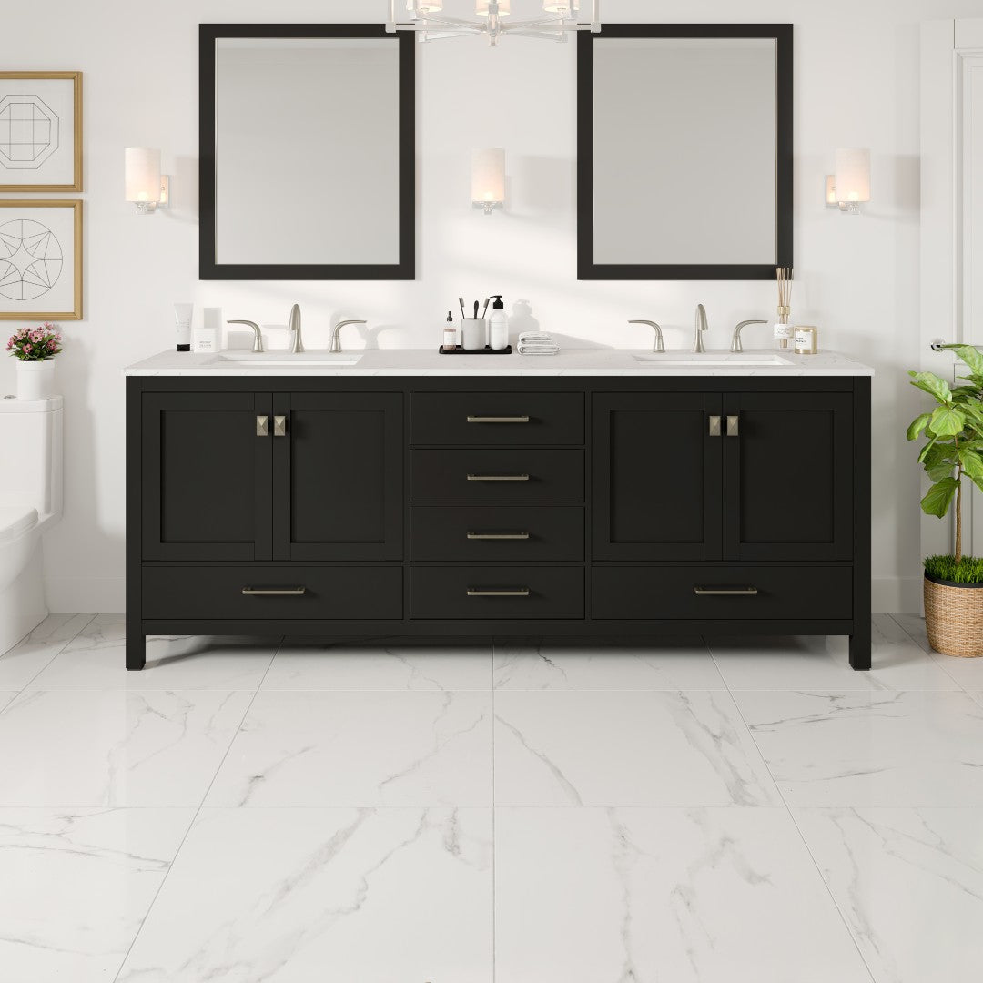 Aberdeen 84 in. Espresso Double Sink  Bath Vanity with Carrara Quartz Top and Undermount Porcelain Sinks