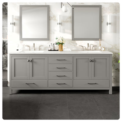 Aberdeen 84"W x 22"D Gray Double Sink Bathroom Vanity with White Carrara Quartz Countertop and Undermount Porcelain Sinks