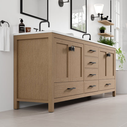 Aberdeen 84 in. Oak Double Sink Bath Vanity with Arabescato Engineered Stone Top and Undermount Porcelain Sinks - Bathroom Vanity by Eviva