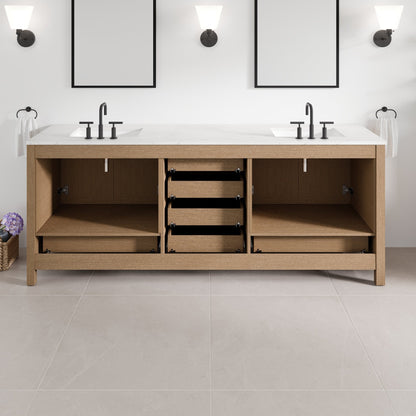 Aberdeen 84 in. Oak Double Sink Bath Vanity with Arabescato Engineered Stone Top and Undermount Porcelain Sinks - Bathroom Vanity by Eviva