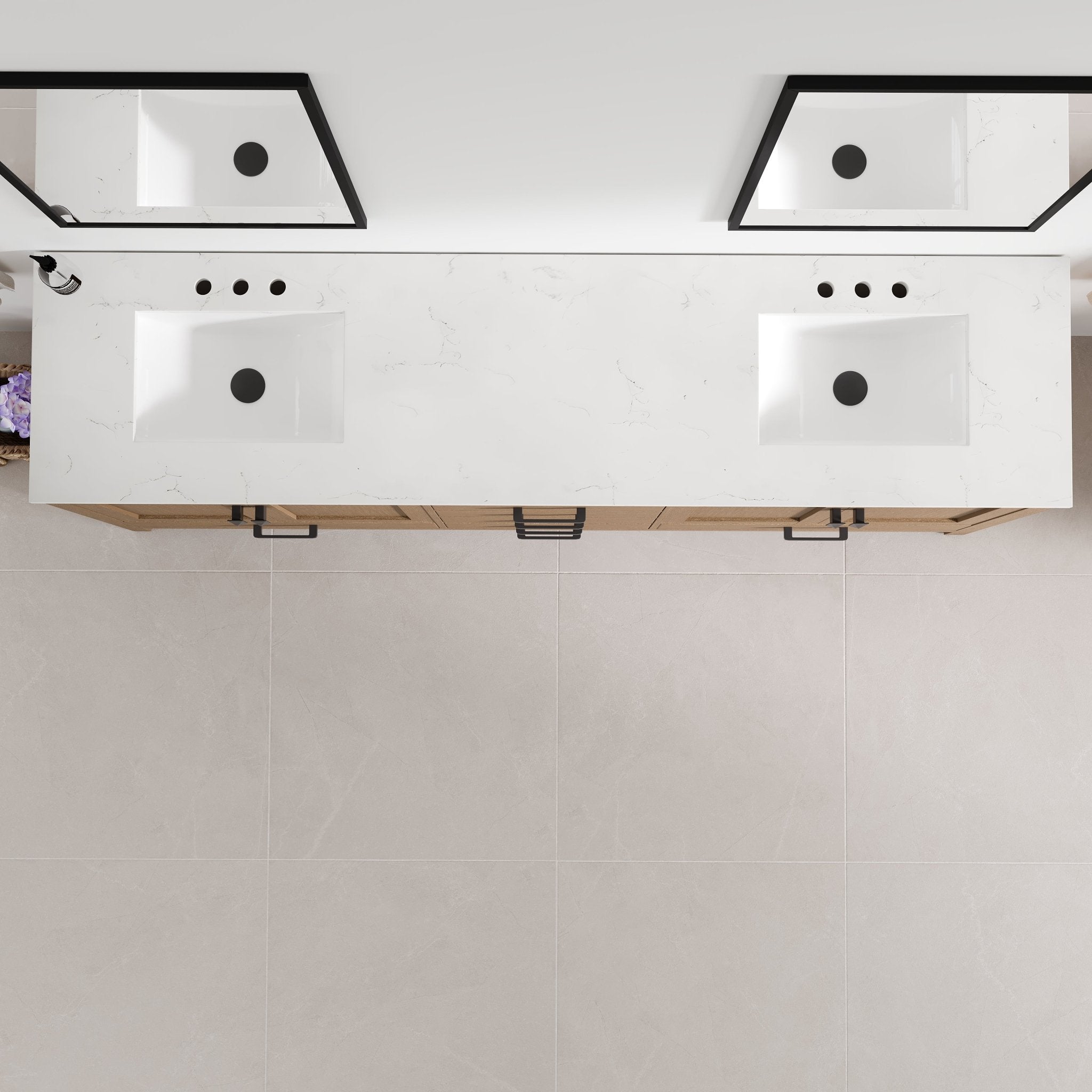 Aberdeen 84 in. Oak Double Sink Bath Vanity with Arabescato Engineered Stone Top and Undermount Porcelain Sinks - Bathroom Vanity by Eviva