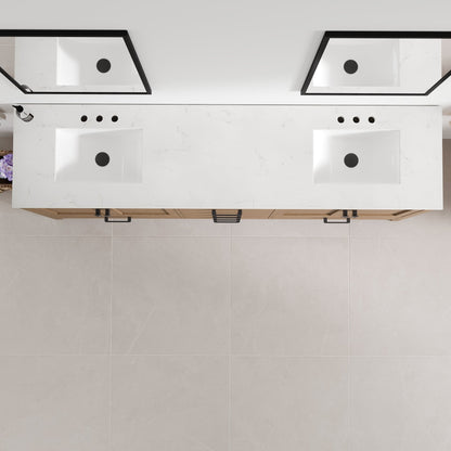 Aberdeen 84 in. Oak Double Sink Bath Vanity with Arabescato Engineered Stone Top and Undermount Porcelain Sinks - Bathroom Vanity by Eviva