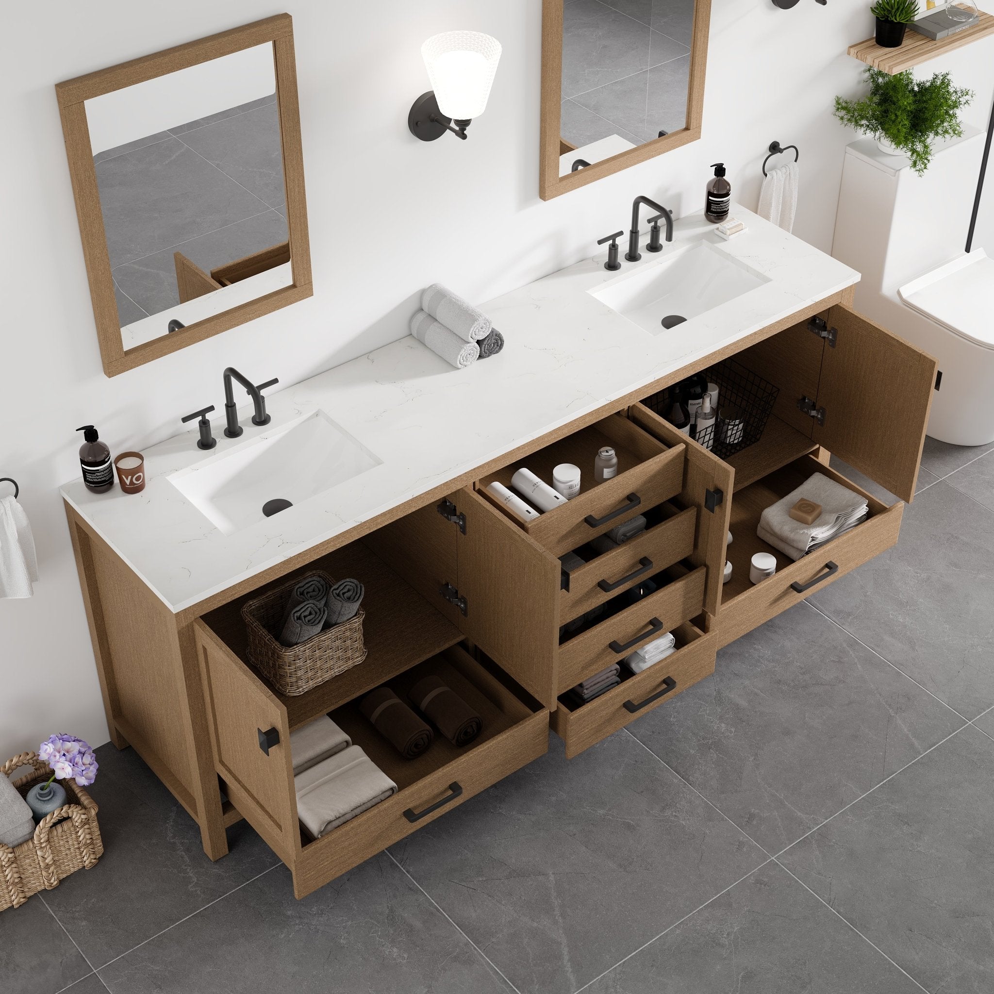 Aberdeen 84 in. Oak Double Sink Bath Vanity with Arabescato Engineered Stone Top and Undermount Porcelain Sinks - Bathroom Vanity by Eviva