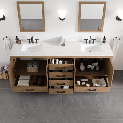 Aberdeen 84 in. Oak Double Sink Bath Vanity with Arabescato Engineered Stone Top and Undermount Porcelain Sinks - Bathroom Vanity by Eviva