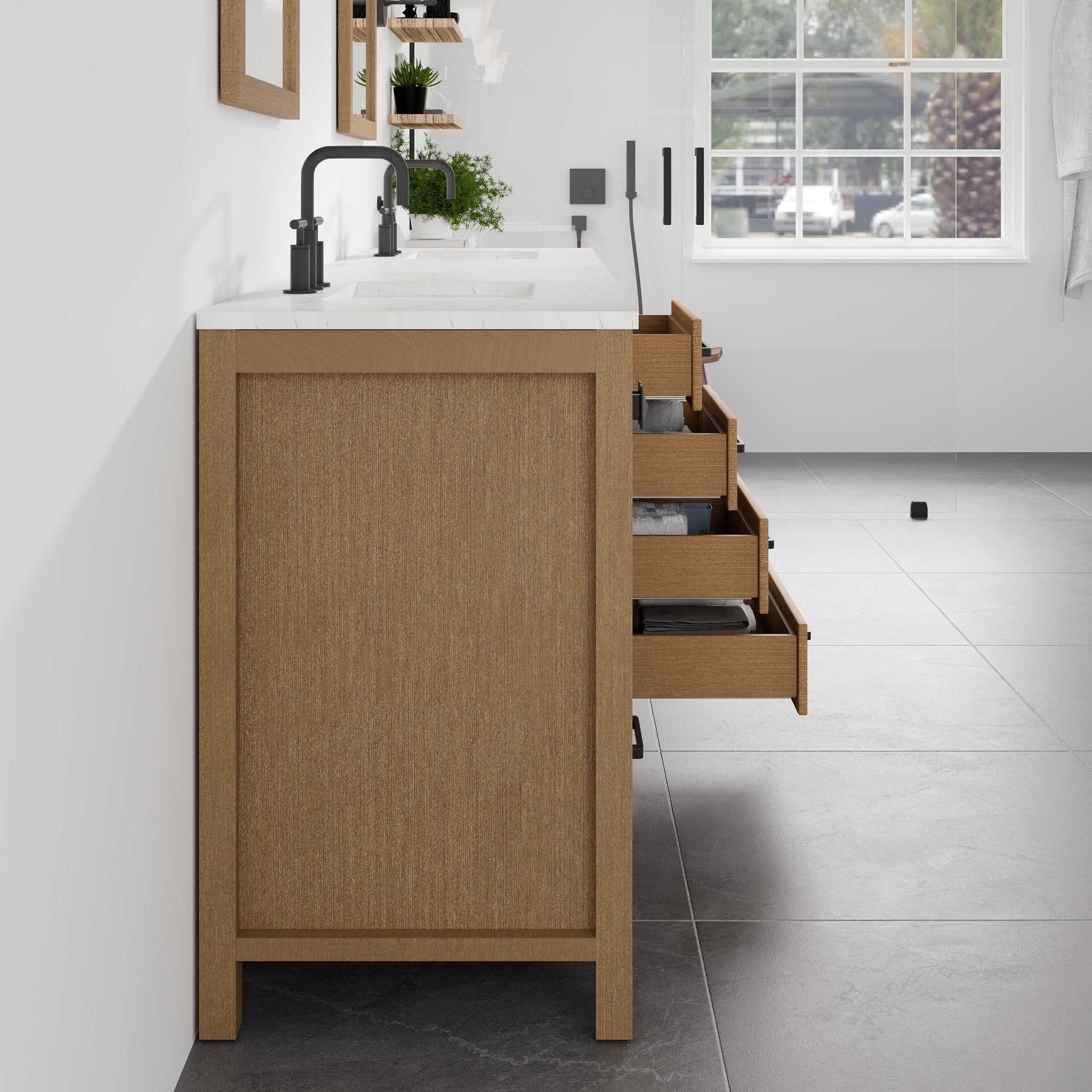Aberdeen 84 in. Oak Double Sink Bath Vanity with Arabescato Engineered Stone Top and Undermount Porcelain Sinks - Bathroom Vanity by Eviva