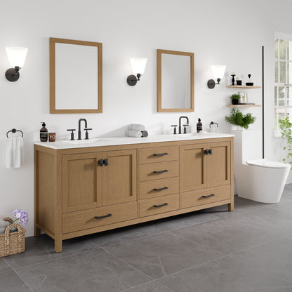 Aberdeen 84 in. Oak Double Sink Bath Vanity with Arabescato Engineered Stone Top and Undermount Porcelain Sinks - Bathroom Vanity by Eviva
