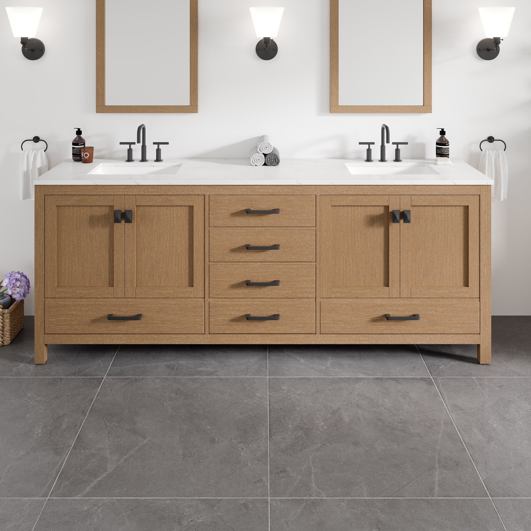 Aberdeen 84 in. Oak Double Sink Bath Vanity with Arabescato Engineered Stone Top and Undermount Porcelain Sinks - Bathroom Vanity by Eviva