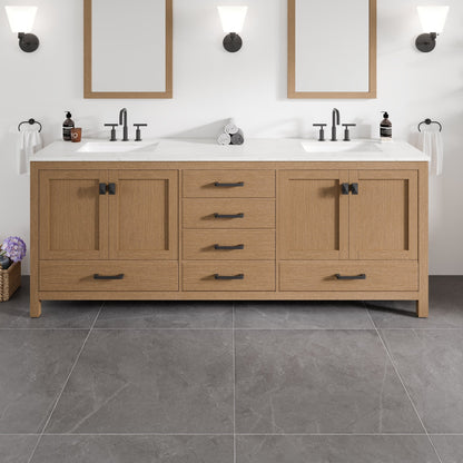 Aberdeen 84 in. Oak Double Sink Bath Vanity with Arabescato Engineered Stone Top and Undermount Porcelain Sinks - Bathroom Vanity by Eviva
