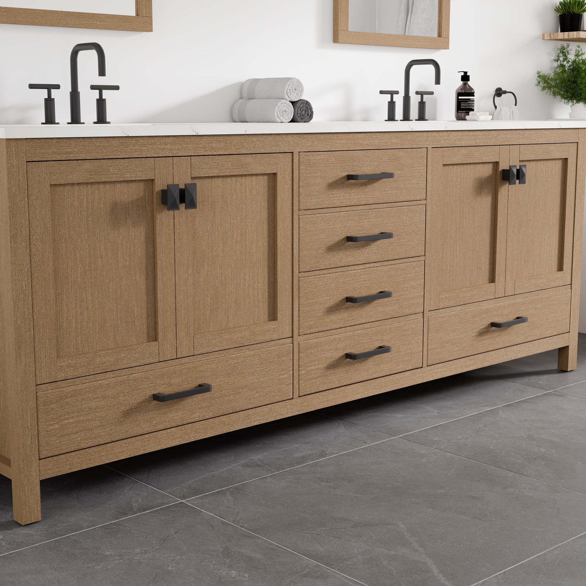 Aberdeen 84 in. Oak Double Sink Bath Vanity with Arabescato Engineered Stone Top and Undermount Porcelain Sinks - Bathroom Vanity by Eviva