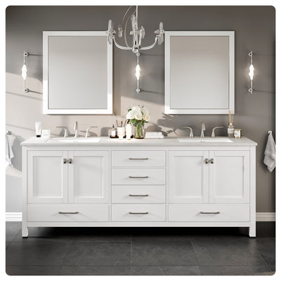 Aberdeen 84"W x 22"D White Double Sink Bathroom Vanity with White Carrara Quartz Countertop and Undermount Porcelain Sinks