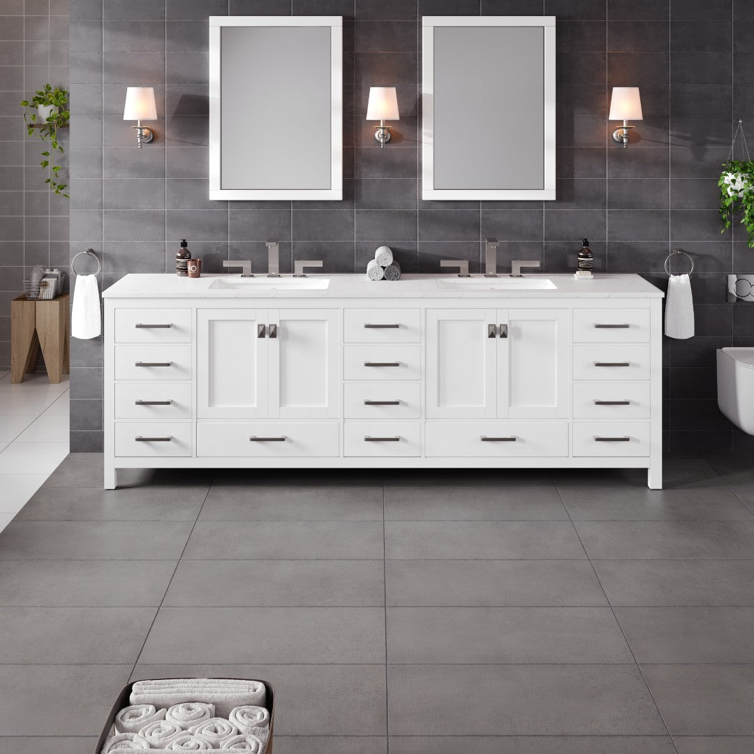 Aberdeen 96 in. White Double Sink  Bath Vanity with Carrara Quartz Top and Undermount Porcelain Sinks