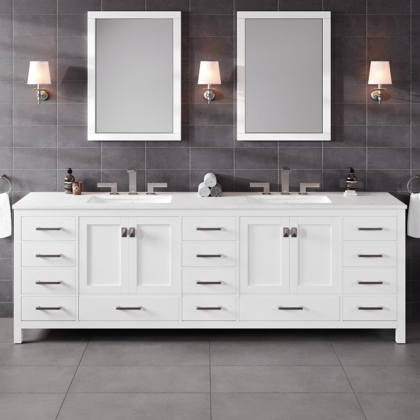 Aberdeen 96 in. White Double Sink  Bath Vanity with Carrara Quartz Top and Undermount Porcelain Sinks
