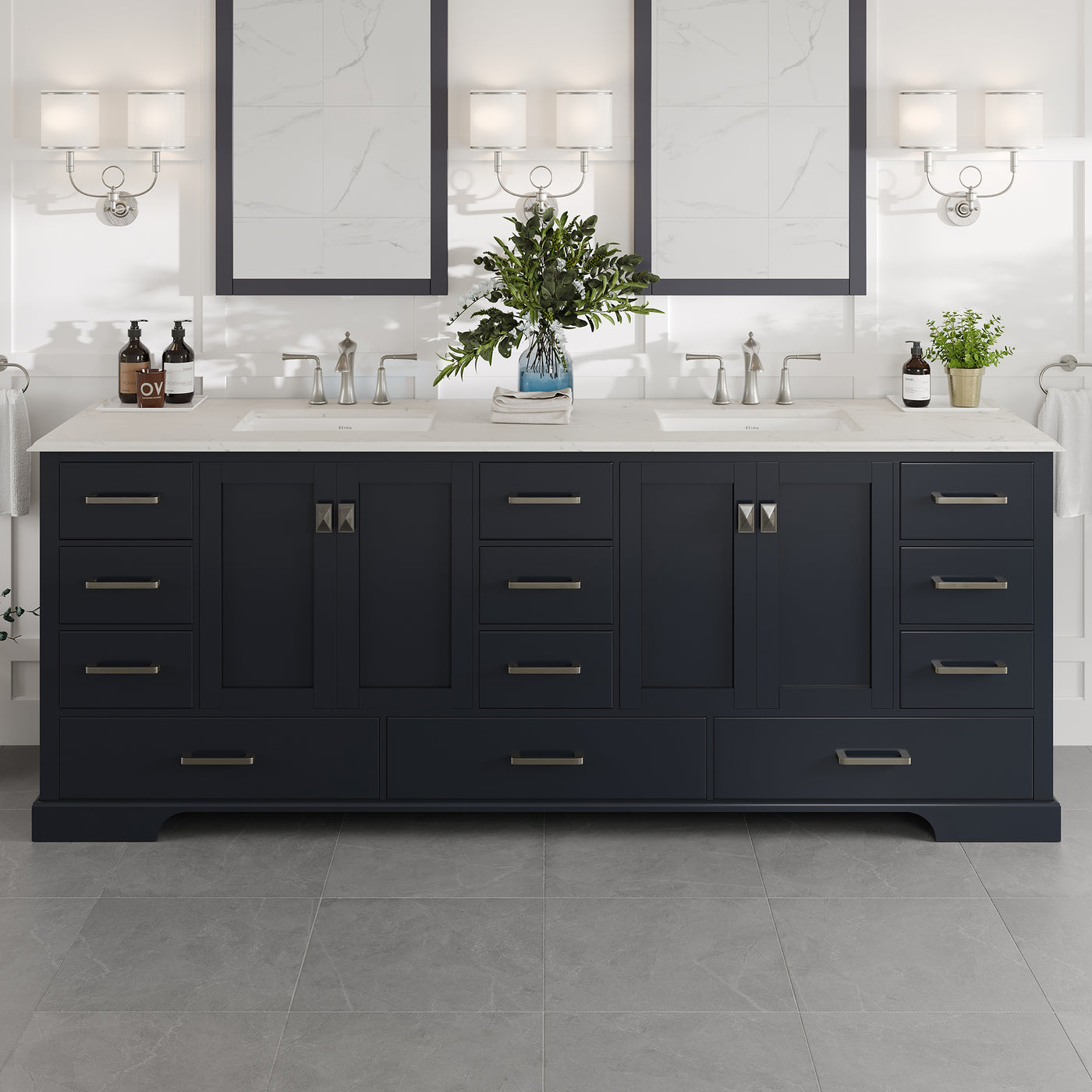 Storehouse 84"W x 22"D Dark Gray Double Sink Bathroom Vanity with White Carrara Quartz Countertop and Undermount Porcelain Sinks