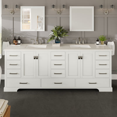 Storehouse 84"W x 22"D White Double Sink Bathroom Vanity with White Carrara Quartz Countertop and Undermount Porcelain Sinks