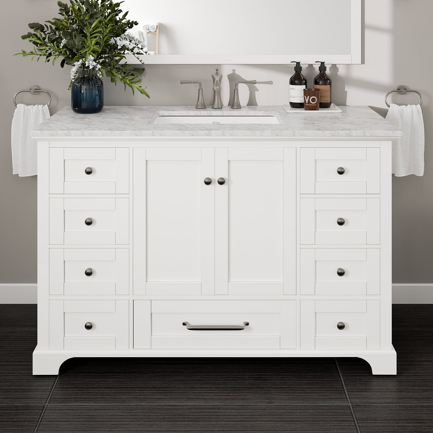 Frontier 48"W x 22"D White Bathroom Vanity with White Carrara Marble Countertop and Undermount Porcelain Sink