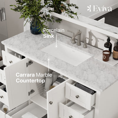 Frontier 48"W x 22"D White Bathroom Vanity with White Carrara Marble Countertop and Undermount Porcelain Sink