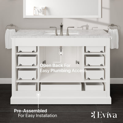 Frontier 48"W x 22"D White Bathroom Vanity with White Carrara Marble Countertop and Undermount Porcelain Sink