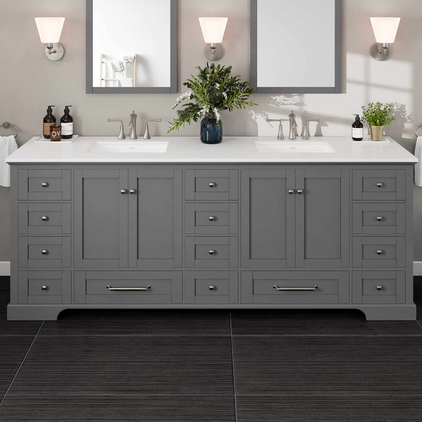 Frontier 84"W x 22"D Dark Gray Double Sink Bathroom Vanity with White Cultured Marble Countertop and Undermount Porcelain Sinks