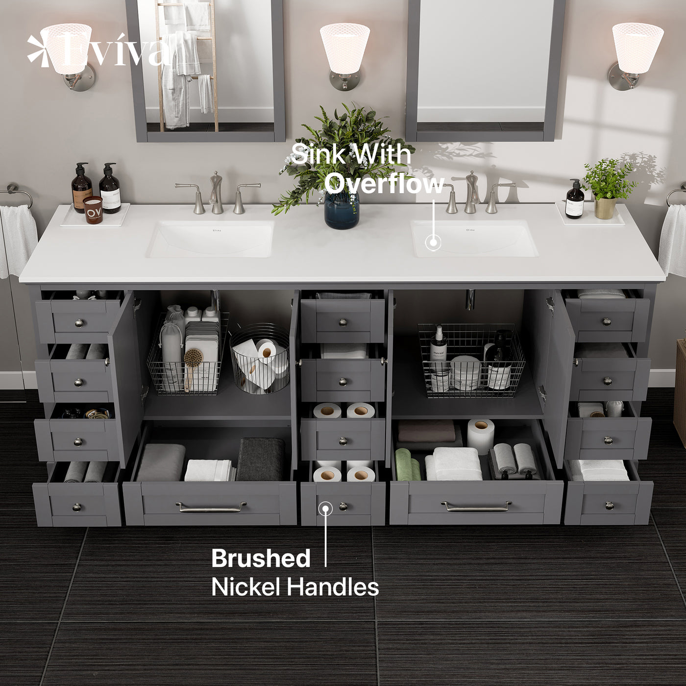 Frontier 84"W x 22"D Dark Gray Double Sink Bathroom Vanity with White Cultured Marble Countertop and Undermount Porcelain Sinks