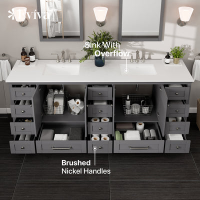 Frontier 84"W x 22"D Dark Gray Double Sink Bathroom Vanity with White Cultured Marble Countertop and Undermount Porcelain Sinks