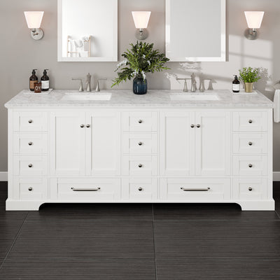 Frontier 84"W x 22"D White Double Sink Bathroom Vanity with White Carrara Marble Countertop and Undermount Porcelain Sinks