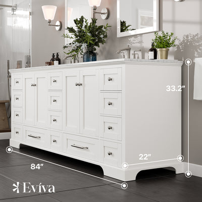 Frontier 84"W x 22"D White Double Sink Bathroom Vanity with White Carrara Marble Countertop and Undermount Porcelain Sinks