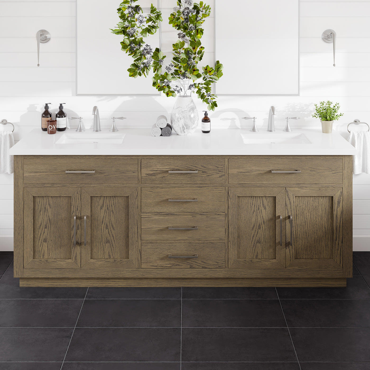 Abbington 84"W x 22"D Gray Oak Double Sink Bathroom Vanity with White Cultured Marble Countertop and Undermount Porcelain Sinks