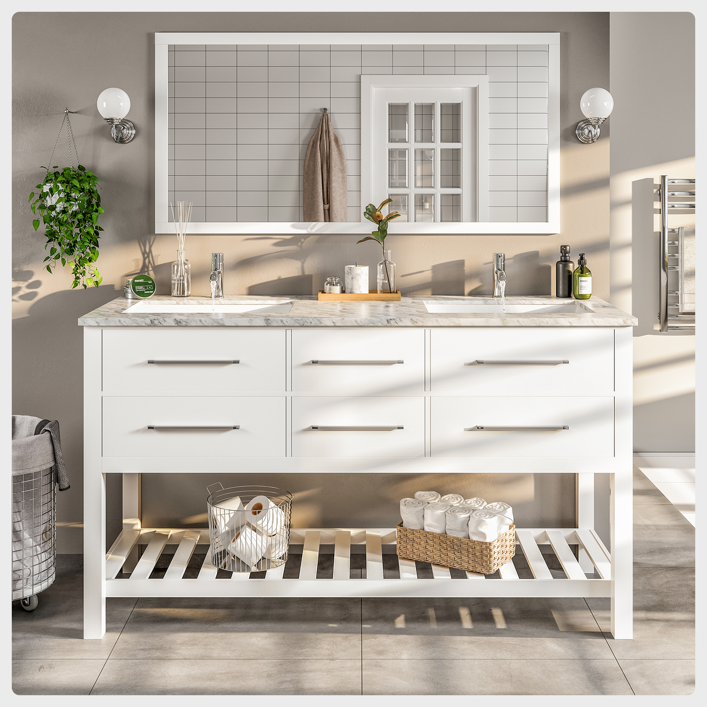 Natalie 60"W x 22"D White Double Sink Bathroom Vanity with White Carrara Marble Countertop and Undermount Porcelain Sinks