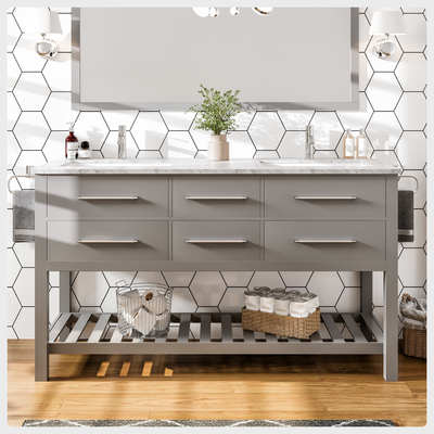 Natalie 60"W x 22"D Gray Double Sink Bathroom Vanity with White Carrara Marble Countertop and Undermount Porcelain Sinks