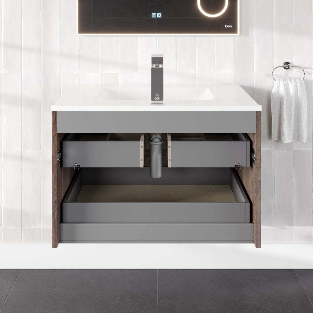 Marina 32 in. Wenge Wall Mount Single Sink Bath Vanity with Porcelain Top and Integrated Sink