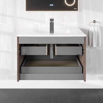 Marina 32 in. Wenge Wall Mount Single Sink Bath Vanity with Porcelain Top and Integrated Sink