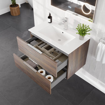 Marina 32 in. Wenge Wall Mount Single Sink Bath Vanity with Porcelain Top and Integrated Sink