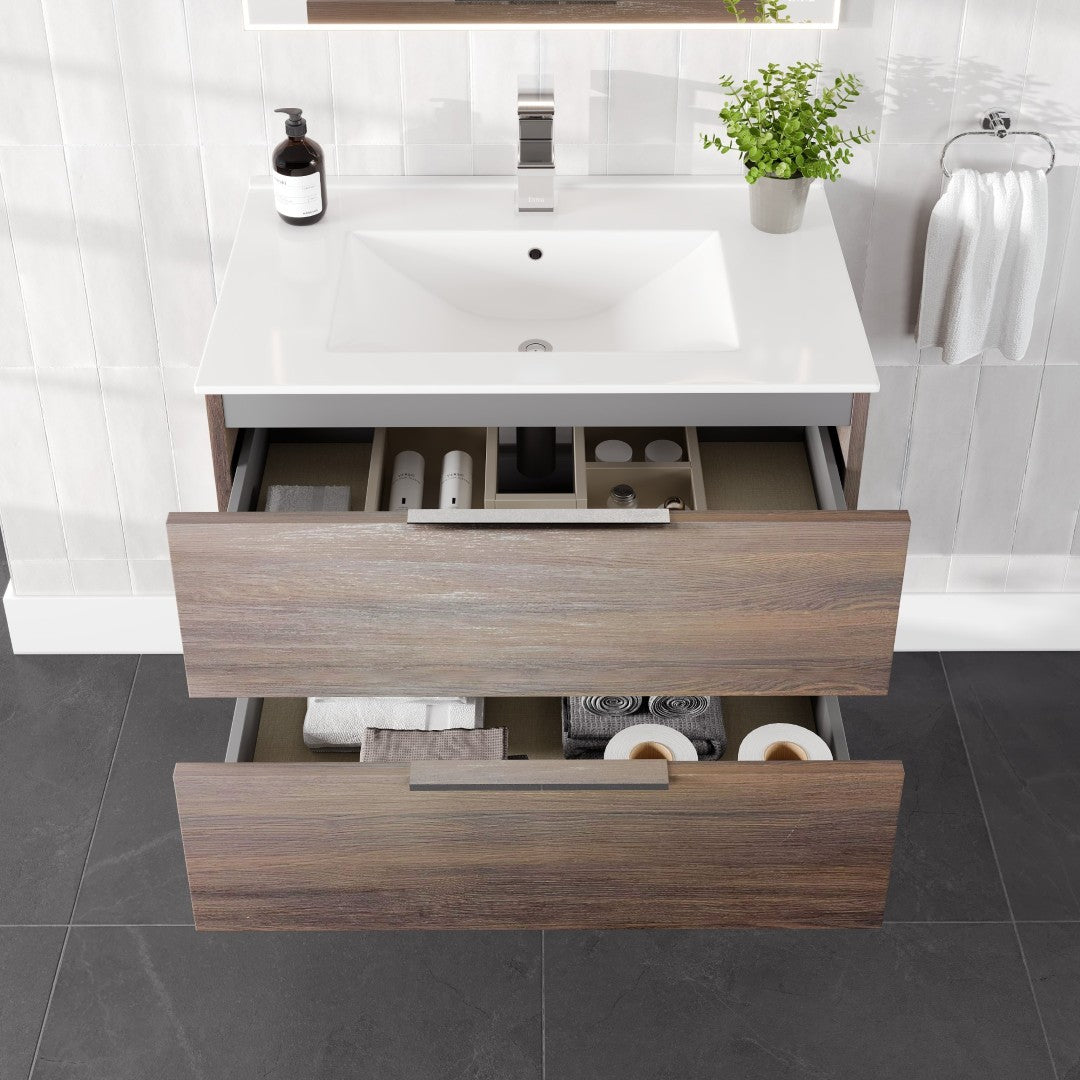 Marina 32 in. Wenge Wall Mount Single Sink Bath Vanity with Porcelain Top and Integrated Sink