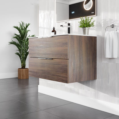 Marina 32 in. Wenge Wall Mount Single Sink Bath Vanity with Porcelain Top and Integrated Sink