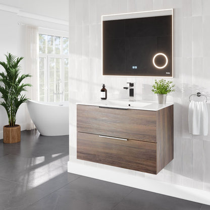 Marina 32 in. Wenge Wall Mount Single Sink Bath Vanity with Porcelain Top and Integrated Sink