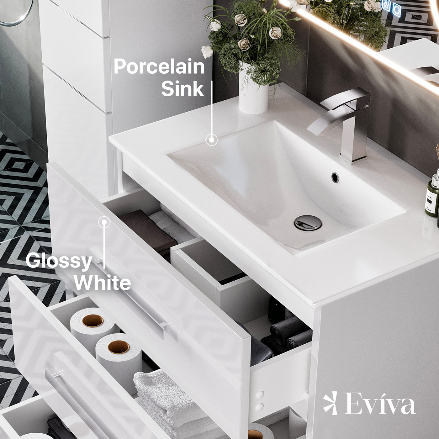 Libra 32"W x 19"D White Bathroom Vanity with White Porcelain Countertop and Integrated Sink