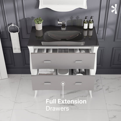 Aranjuez 32 in. White & Silver Single Sink Bath Vanity with Tempered Glass Top and Integrated Sink