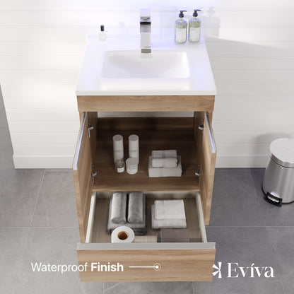 Petite 24 in. Oak Single Sink Bath Vanity with Porcelain Top and Integrated Sink