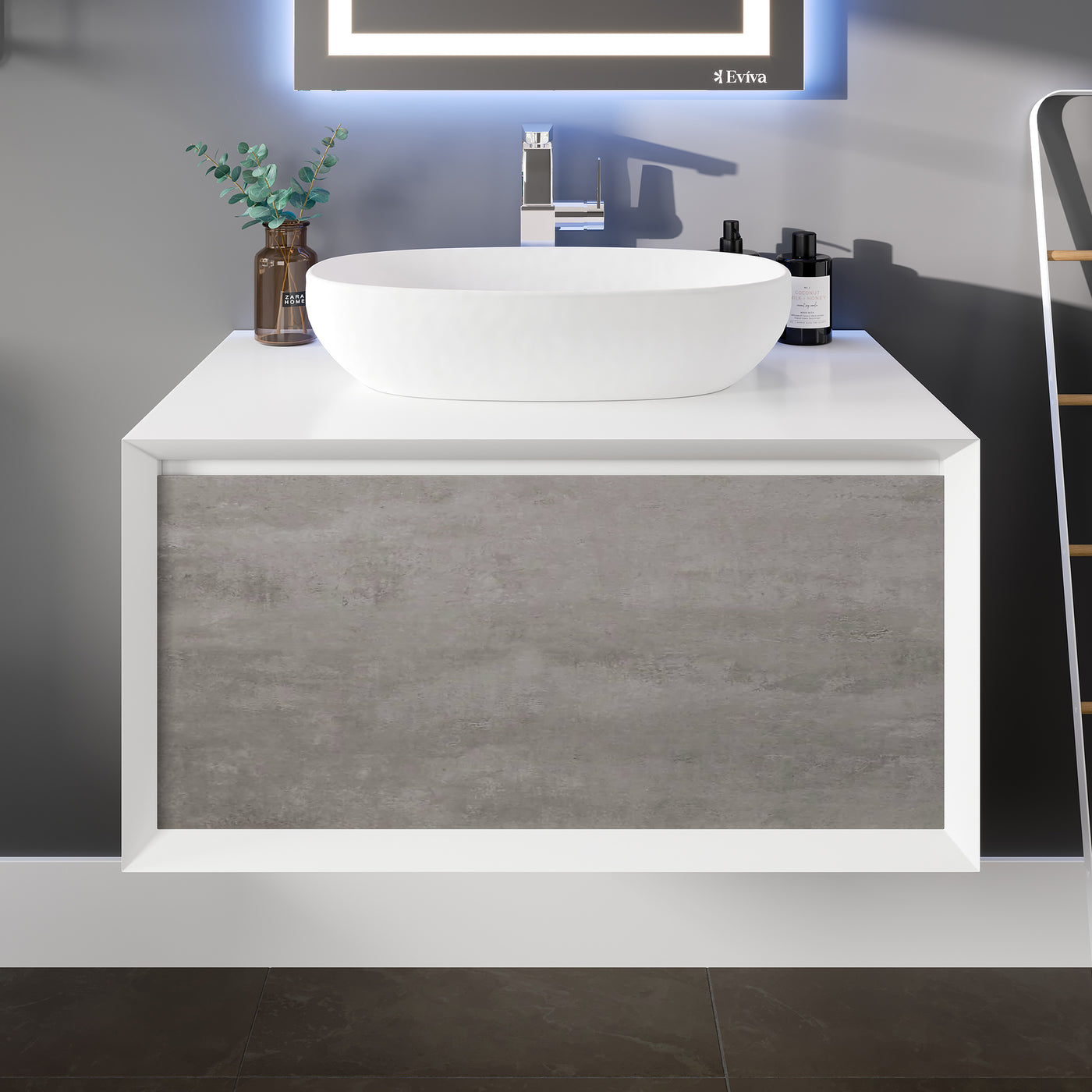 Santa Monica 30"W x 22"D Gray Wall Mount Bathroom Vanity with White Acrylic Countertop and Vessel Solid Surface Sink