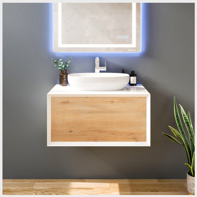 Santa Monica 30"W x 22"D White Oak Wall Mount Bathroom Vanity with White Acrylic Countertop and Vessel Solid Surface Sink