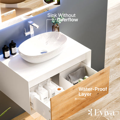 Santa Monica 30"W x 22"D White Oak Wall Mount Bathroom Vanity with White Acrylic Countertop and Vessel Solid Surface Sink