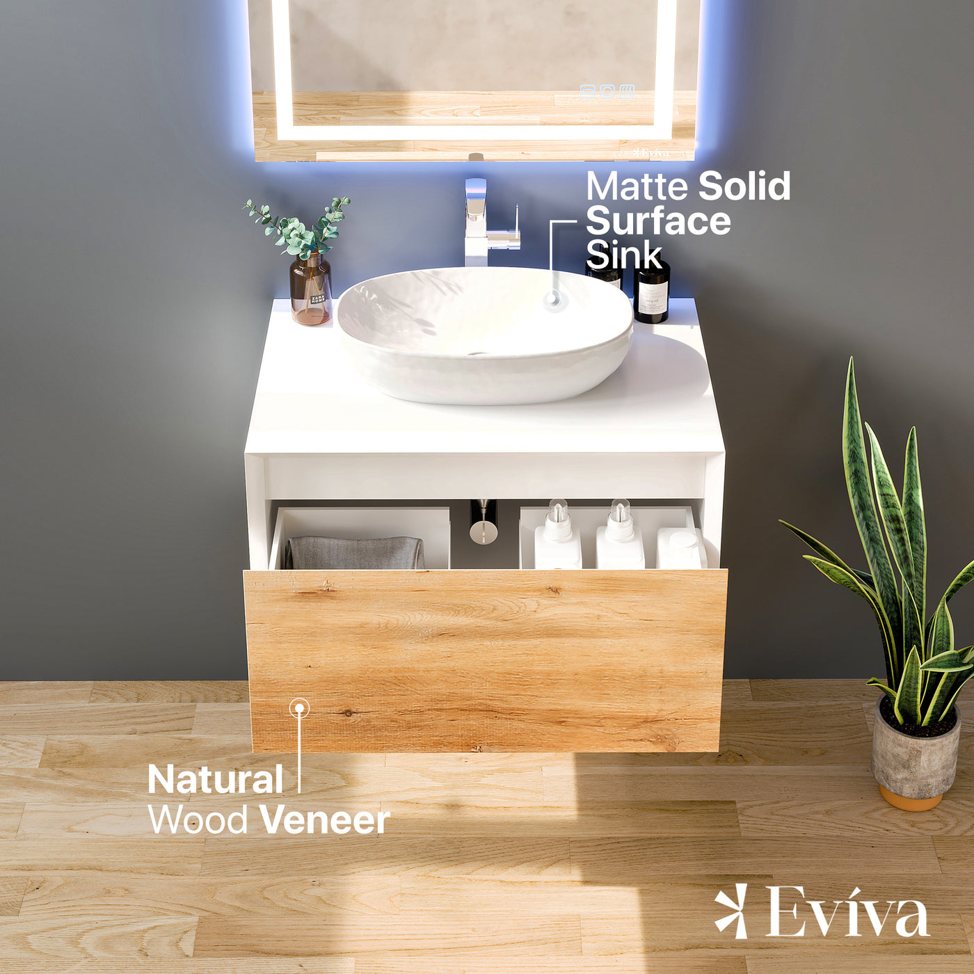 Santa Monica 30"W x 22"D White Oak Wall Mount Bathroom Vanity with White Acrylic Countertop and Vessel Solid Surface Sink