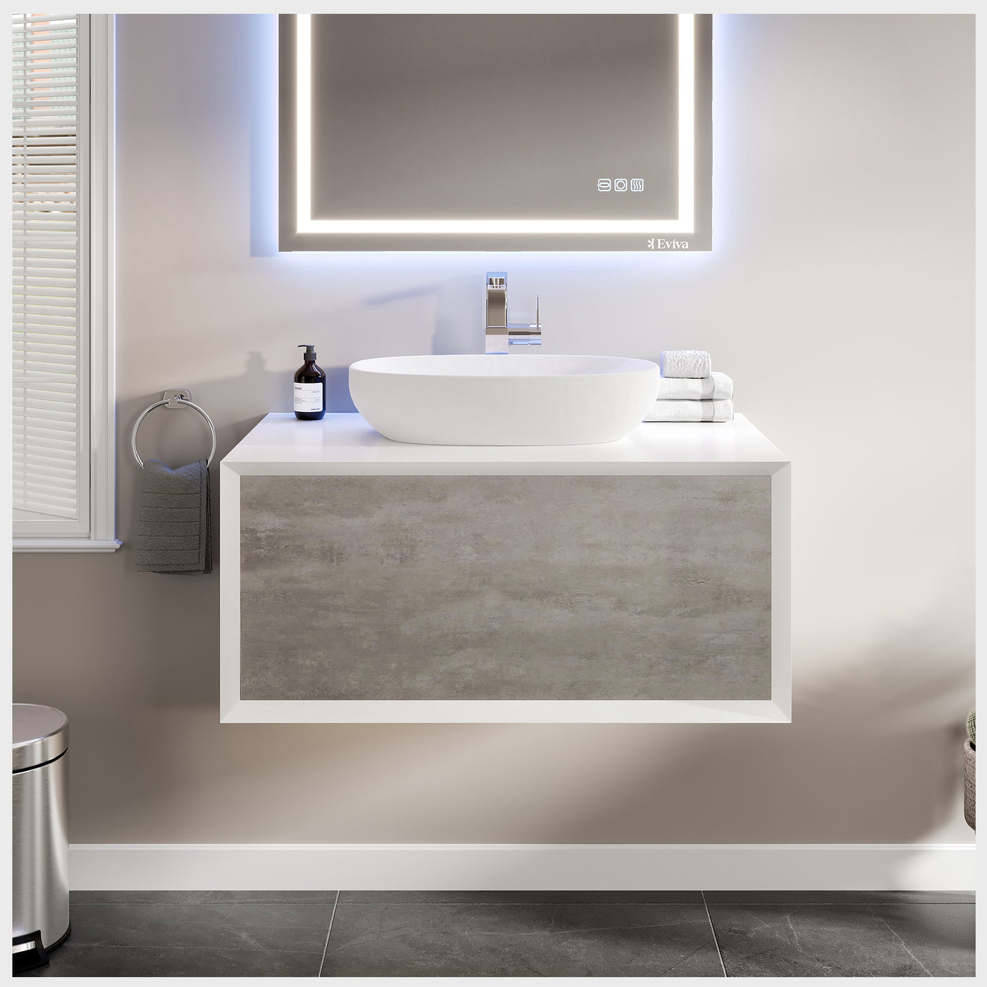 Santa Monica 36"W x 22"D Gray Wall Mount Bathroom Vanity with White Acrylic Countertop and Vessel Solid Surface Sink