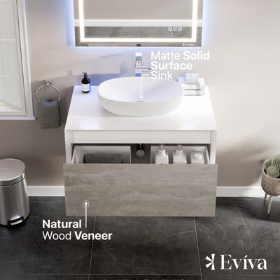 Santa Monica 36"W x 22"D Gray Wall Mount Bathroom Vanity with White Acrylic Countertop and Vessel Solid Surface Sink