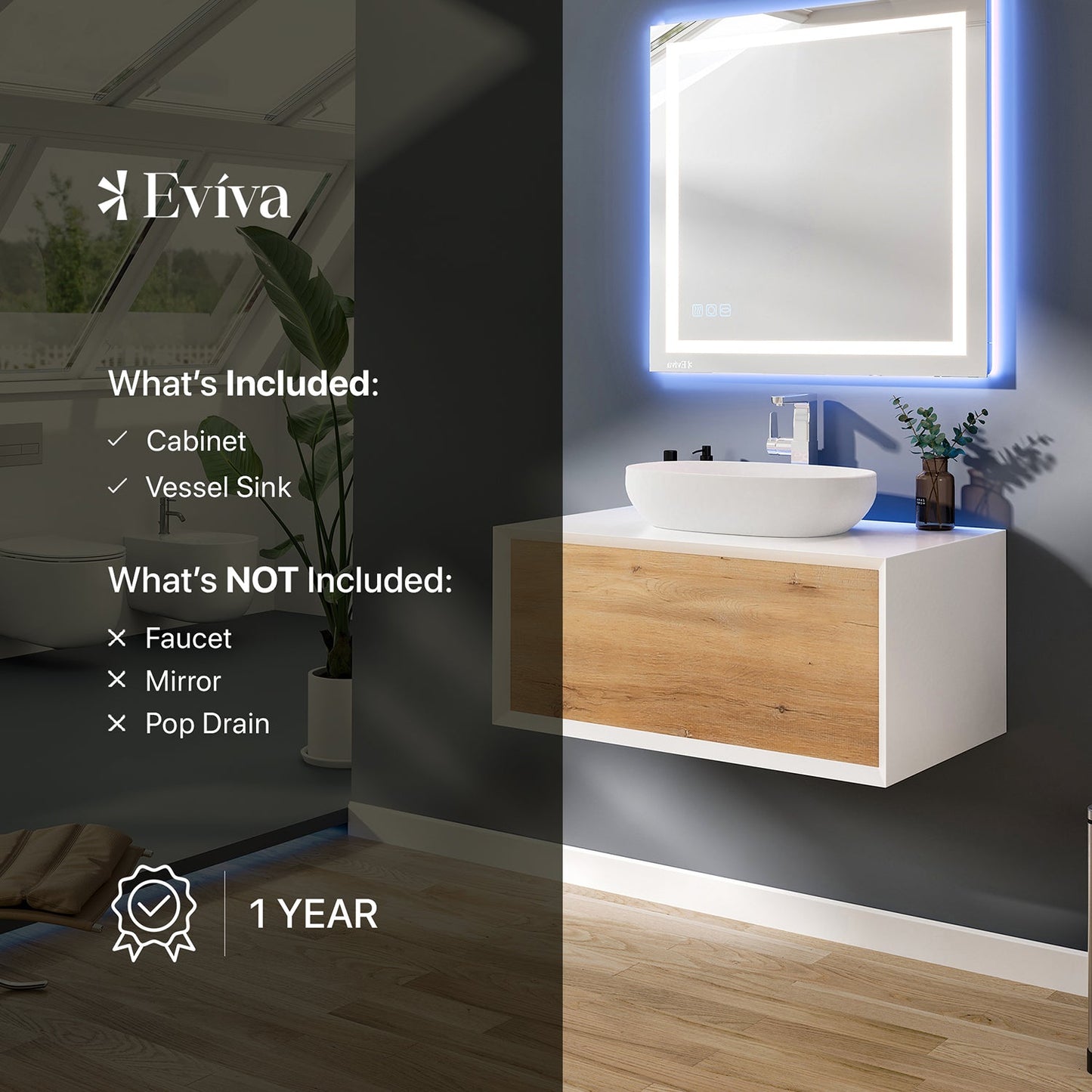Eviva Santa Monica 36" White Oak Wall Mount Bathroom Vanity w/ Acrylic Sink