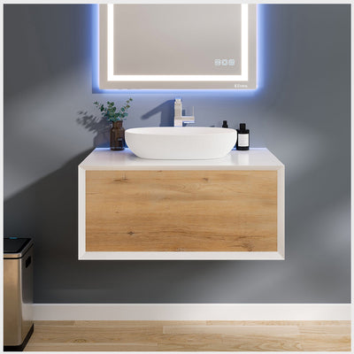 Santa Monica 36"W x 22"D White Oak Wall Mount Bathroom Vanity with White Acrylic Countertop and Vessel Solid Surface Sink