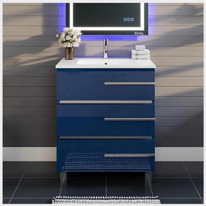 Olive 24"W x 18"D Blue Bathroom Vanity with White Porcelain Countertop and Integrated Sink