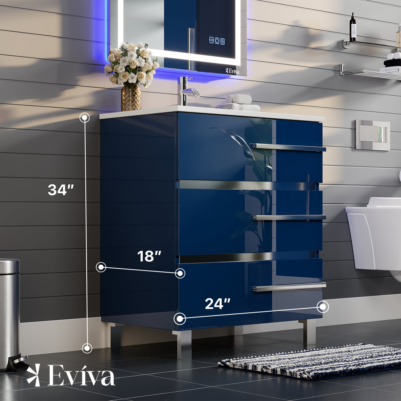 Olive 24"W x 18"D Blue Bathroom Vanity with White Porcelain Countertop and Integrated Sink