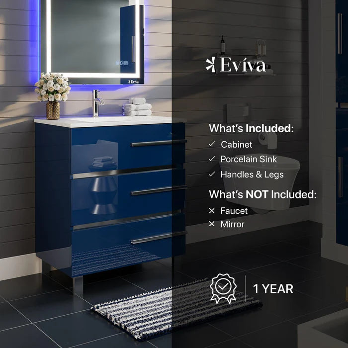 Olive 24"W x 18"D Blue Bathroom Vanity with White Porcelain Countertop and Integrated Sink