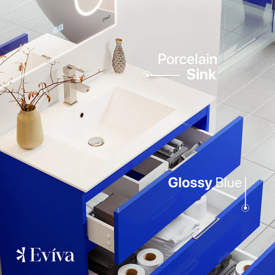 Malmo 32"W x 18"D Blue Bathroom Vanity with White Porcelain Countertop and Integrated Sink